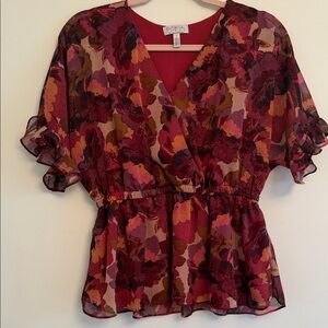 Floral V-Neck Ruffle Sleeve Top